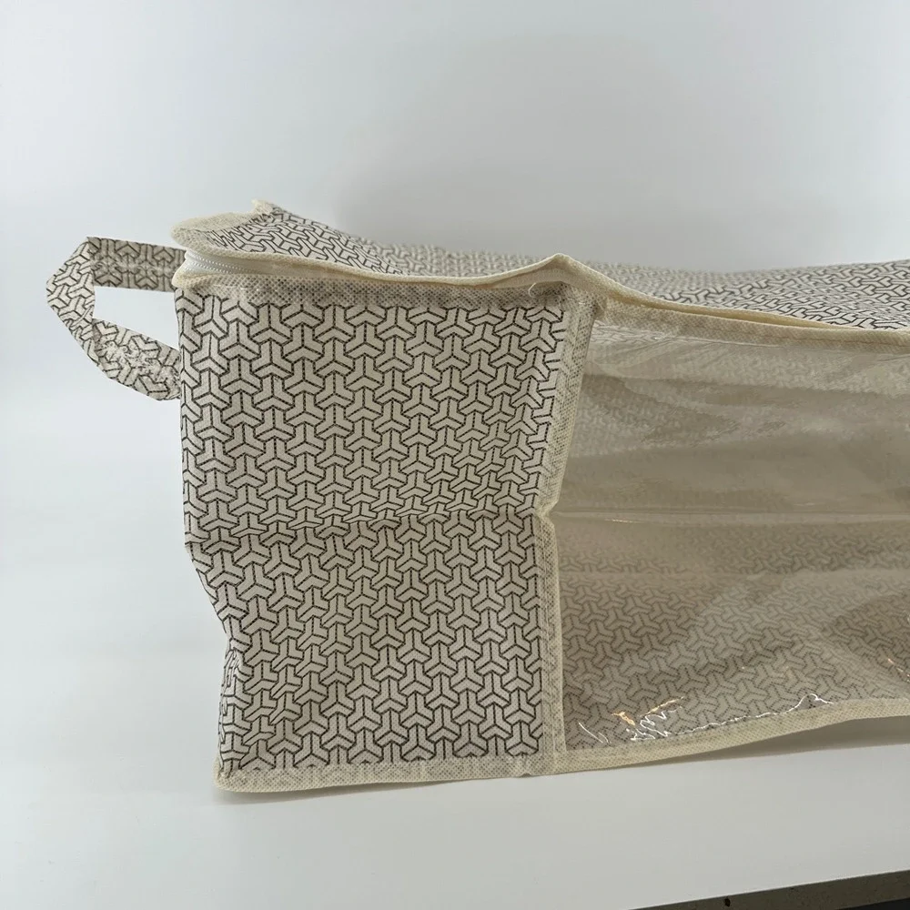 Geometric Print 3-pk Fabric Storage Bag with Clear Window and Handle Neutral